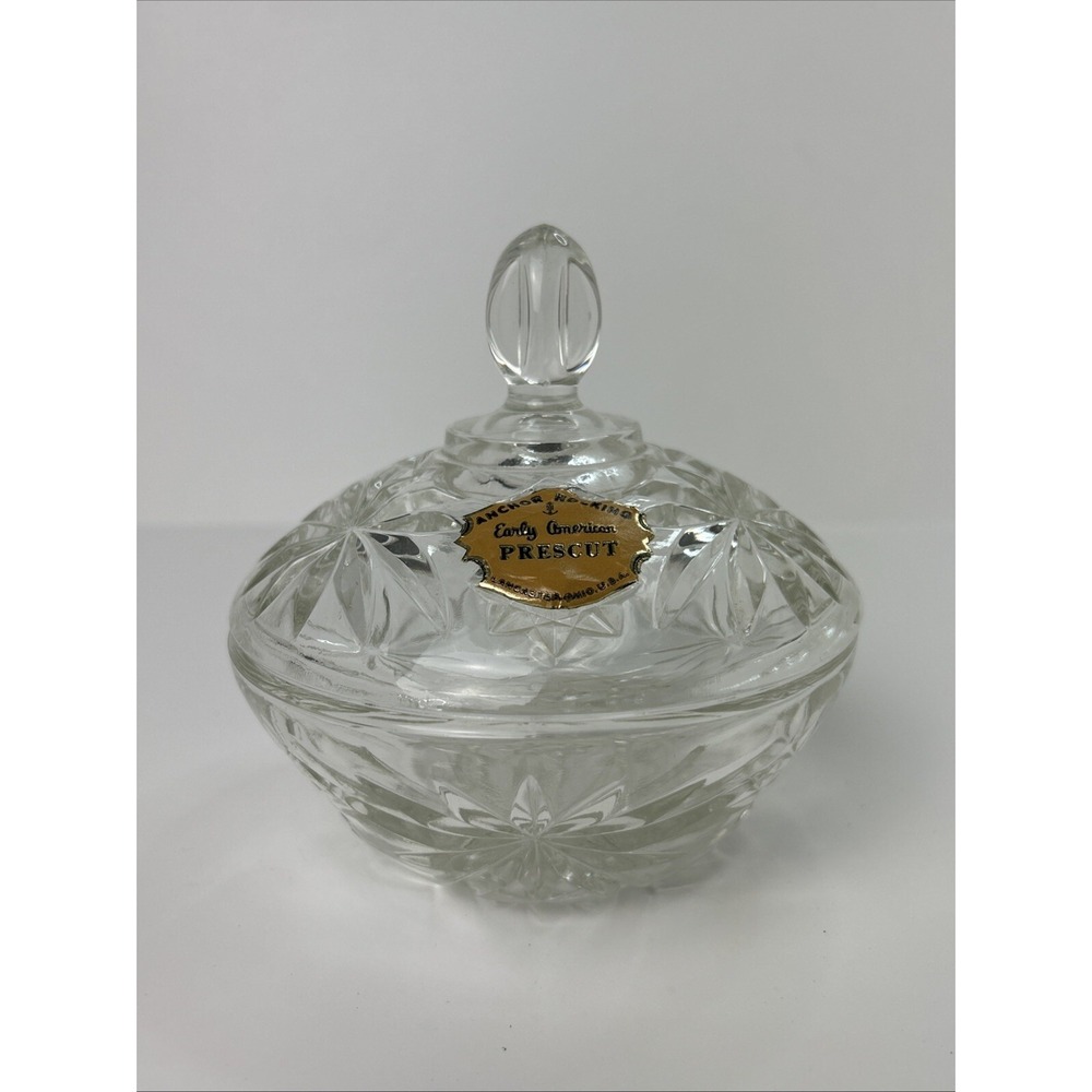 Vintage Anchor Hocking Clear Glass Candy Dish W Lid Starburst Pattern 1950's MCM